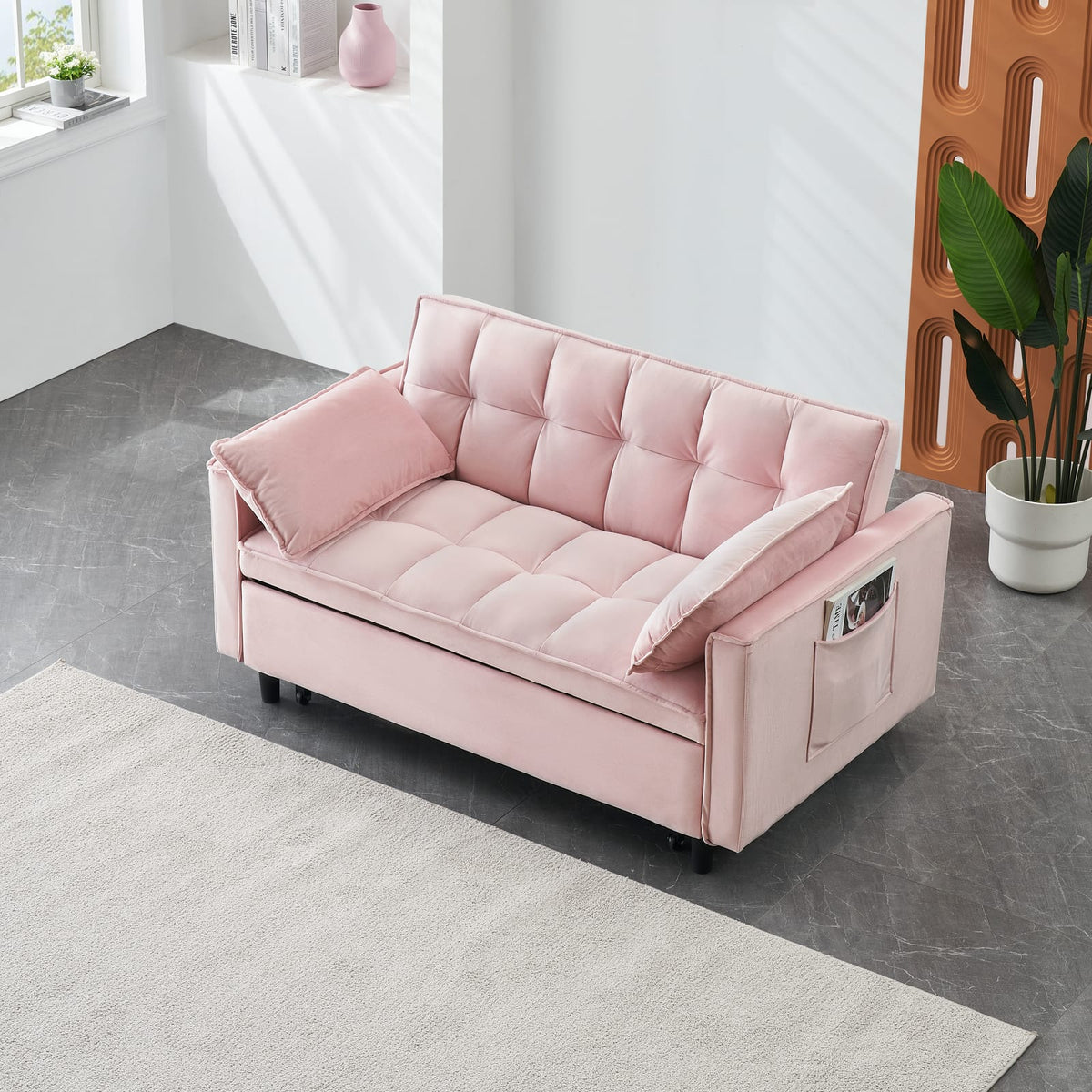 Pink Velvet 2 Seat Sofa Bed - Convertible Sleep Sofa for Living Room