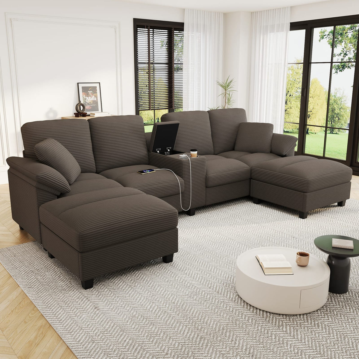 Brown Corduroy Sectional Sofa - 4 Seat U-Shaped with Storage
