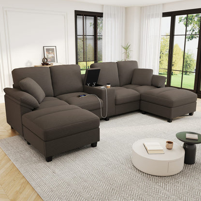 Brown Corduroy Sectional Sofa - 4 Seat U-Shaped with Storage