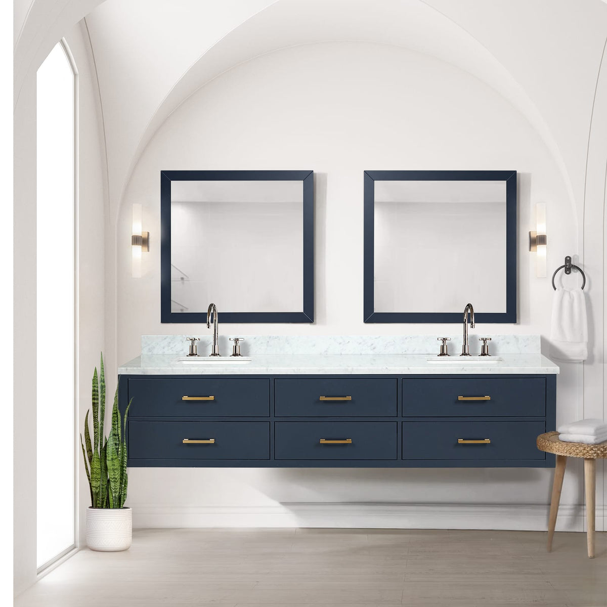 Blue Double Bath Vanity - 84" W with Carrara Marble Top & Mirrors