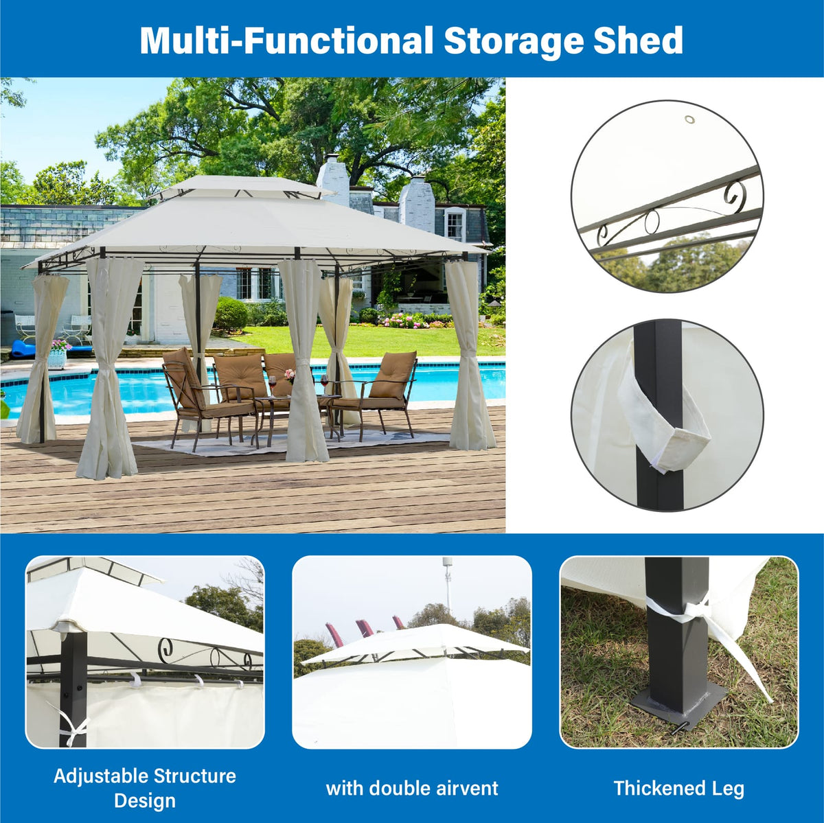 Beige Metal Outdoor Gazebo for Garden Patio Shade and Dining
