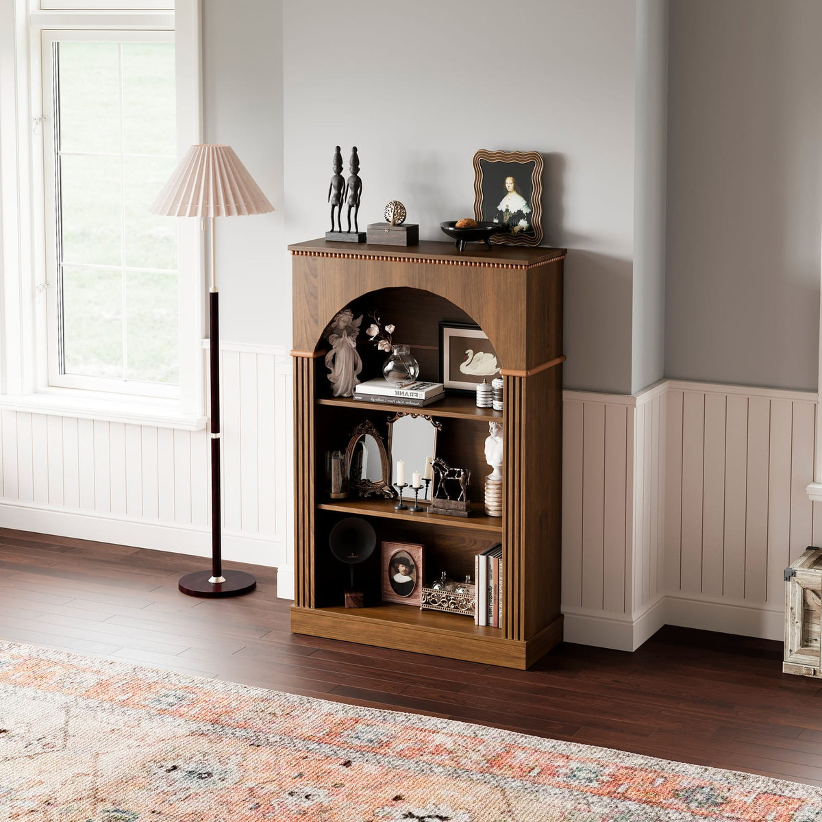 Walnut Melamine Arched Bookshelf - 3 Tier Display Shelf for Living Room