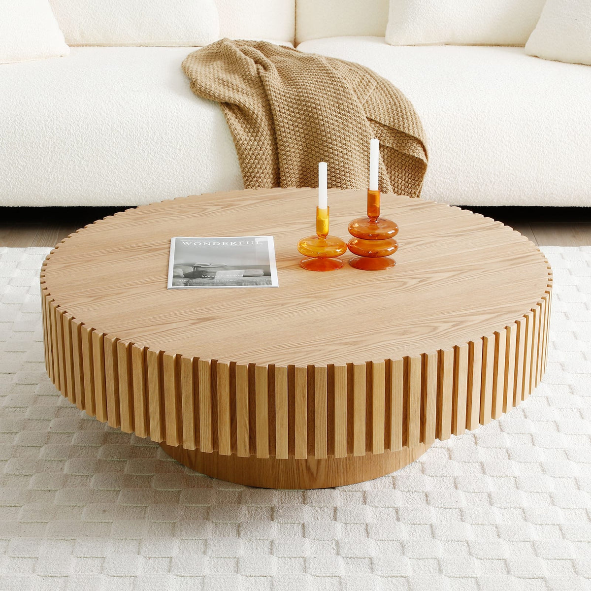 31.49" Round Ash Wood Coffee Table - Small Apartment Table for Living Room