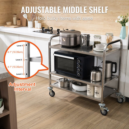 3-Tier Kitchen Utility Cart - Steel Gray Rolling Storage Trolley