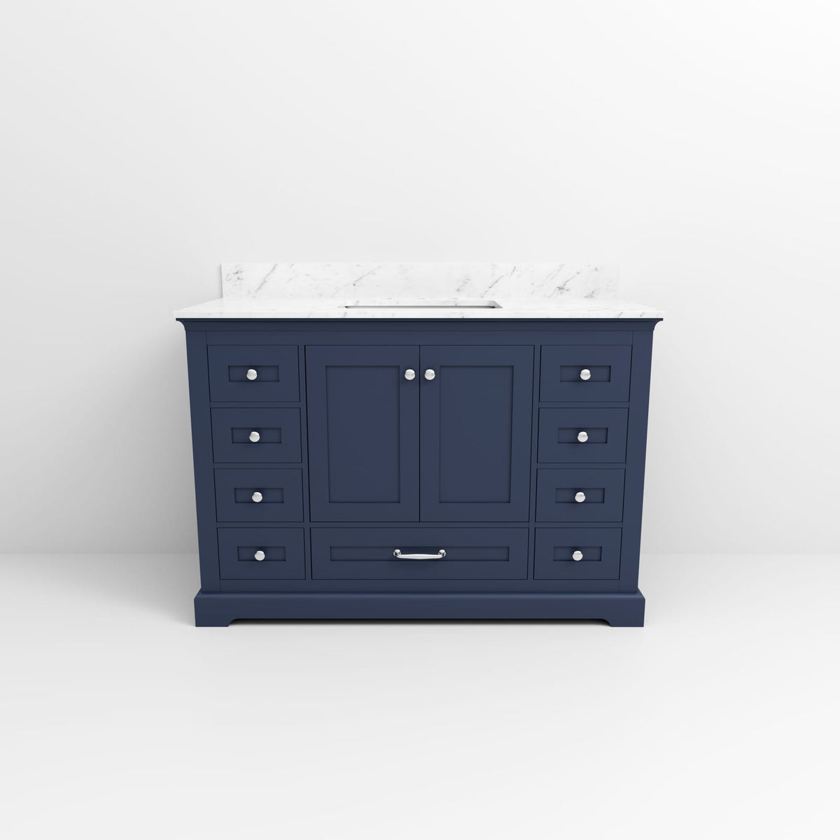 Navy Blue Bathroom Vanity with Carrara Marble Top - 48" Wide