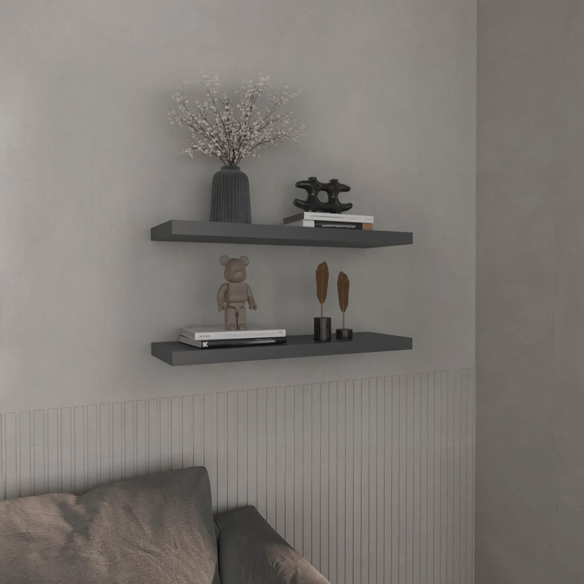 Grey Engineered Wood Floating Shelves - 2 Shelves for Living Room