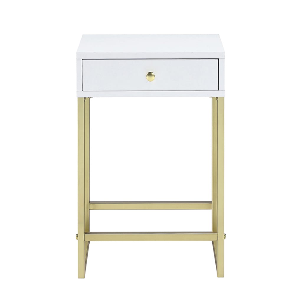 White & Gold 1-Drawer Side Table - Contemporary Style