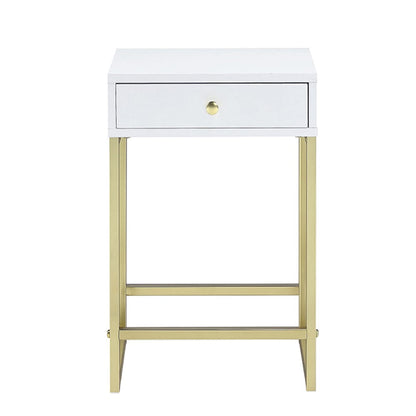 White & Gold 1-Drawer Side Table - Contemporary Style