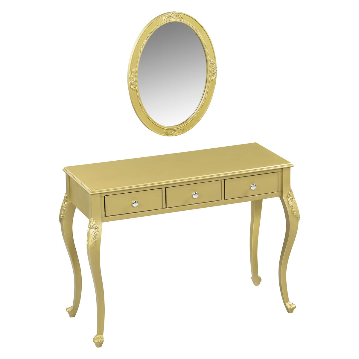 Gold Makeup Vanity Desk - 3 Drawers, Oval Mirror Storage