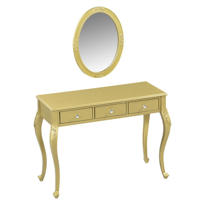Gold Makeup Vanity Desk - 3 Drawers, Oval Mirror Storage