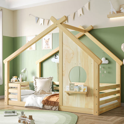 Twin House Floor Bed - Natural Wood, Safe & Sturdy Design