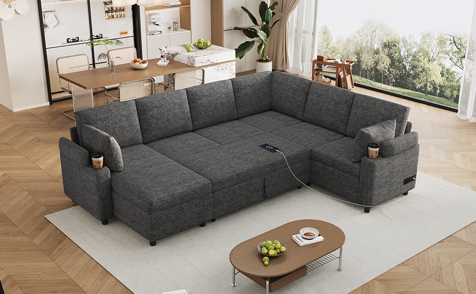 109.9" Grey Chenille U-Shaped Sofa Bed with Storage for Living Room