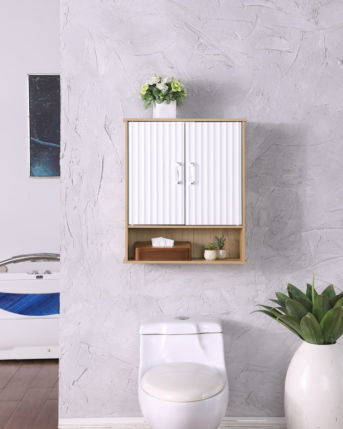 White & Natural Bathroom Storage Cabinet - Wall Mounted