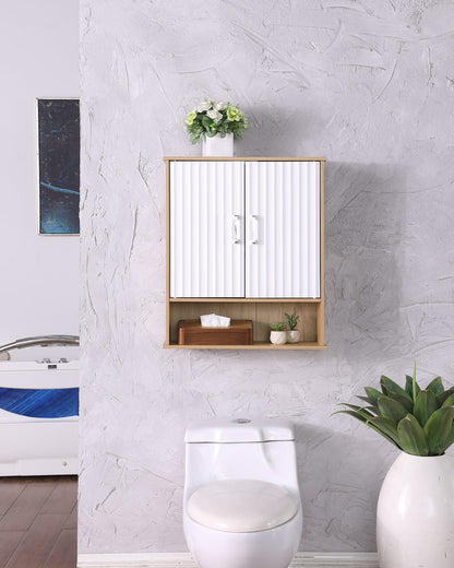 White & Natural Bathroom Storage Cabinet - Wall Mounted