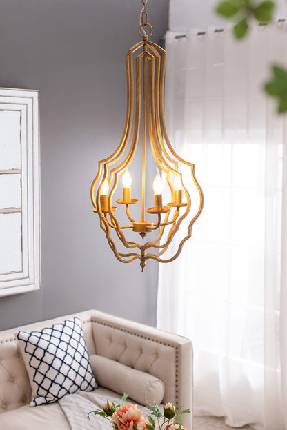 Gold Iron Chandelier - 4 Light Hanging Fixture for Dining Room