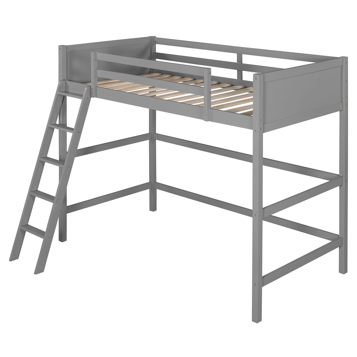 Gray Solid Wood Twin Loft Bed with Ladder for Bedroom