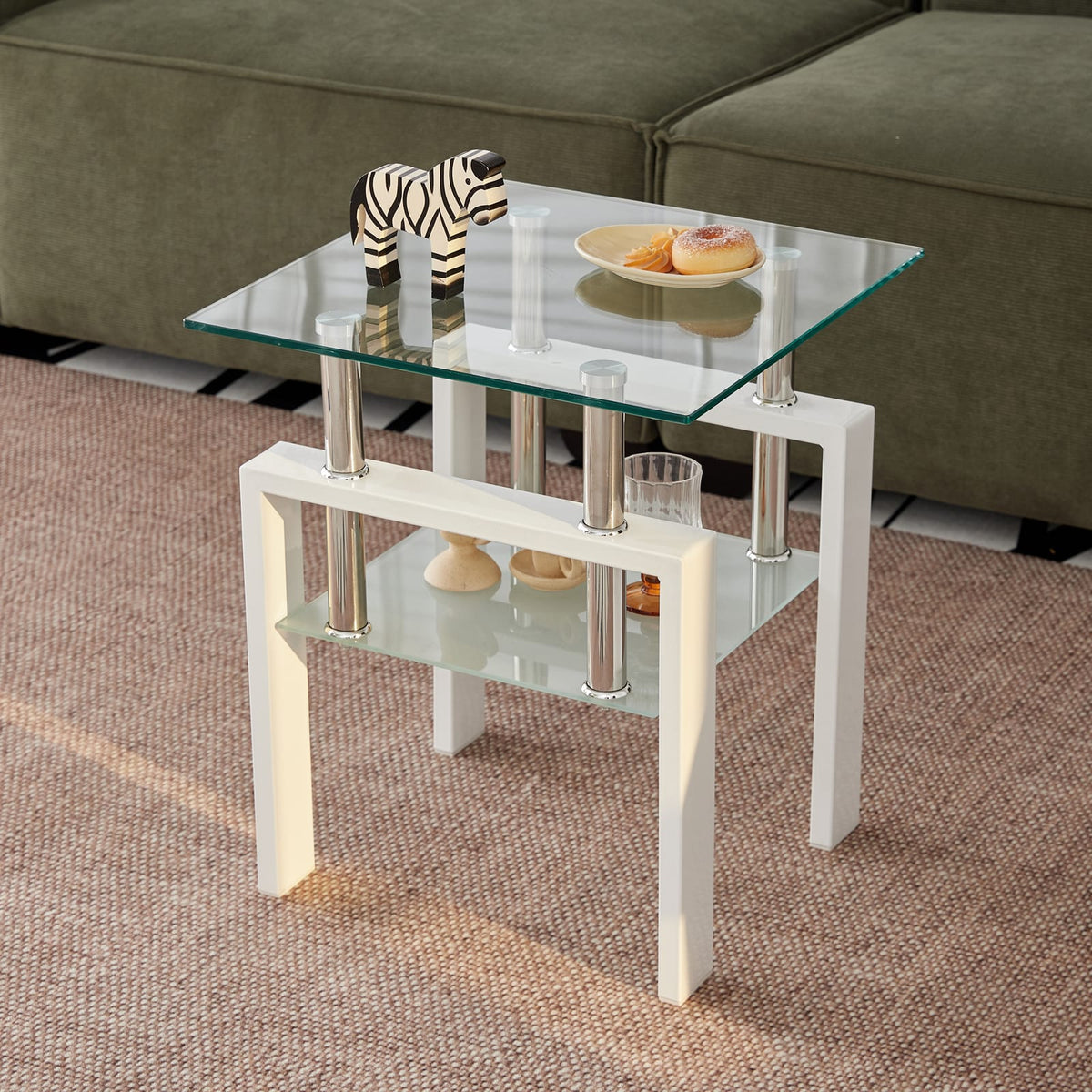 Clear Tempered Glass End Table - 2 Tier Small Table for Living Room