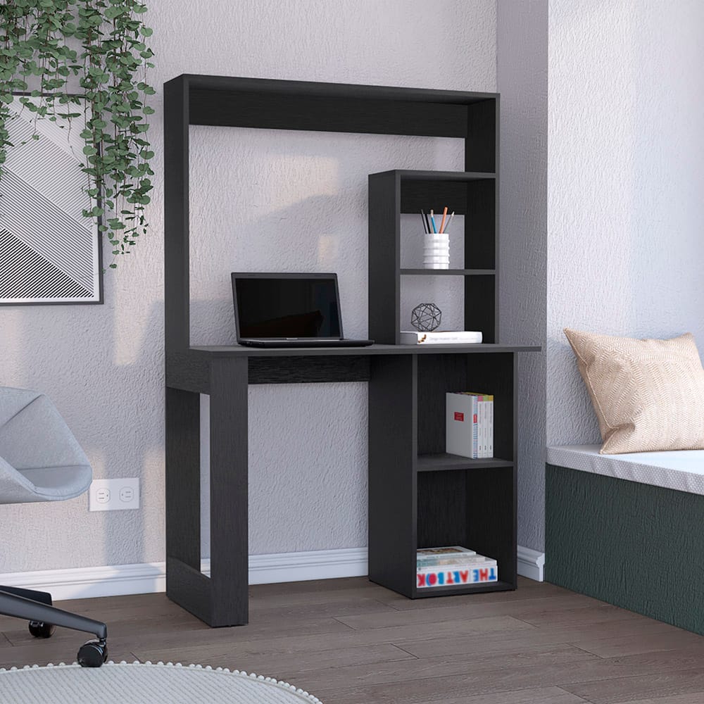 Black Computer Desk With Hutch & Shelves - Office Desk