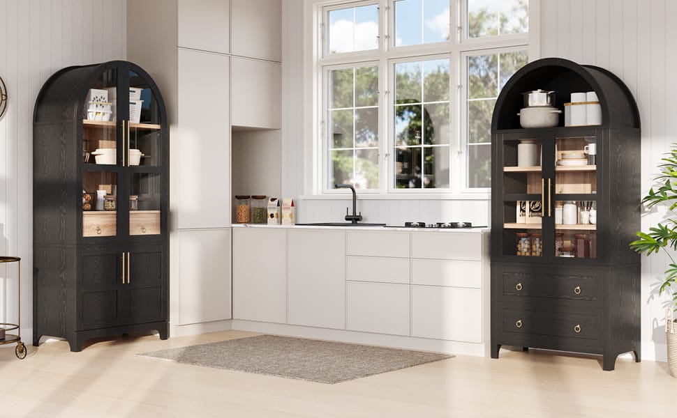 K&K 71" Tall Arched Kitchen Pantry Cabinet - Black