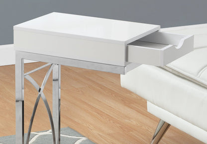 White Particle Board C-Shaped Accent Table with Storage Drawer for Living Room