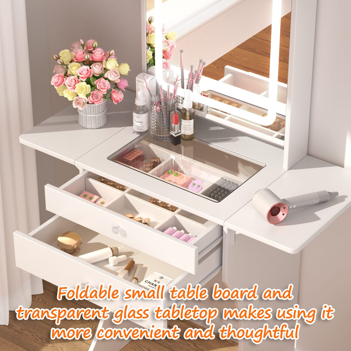 White MDF Makeup Vanity with Stool - Bedroom Storage