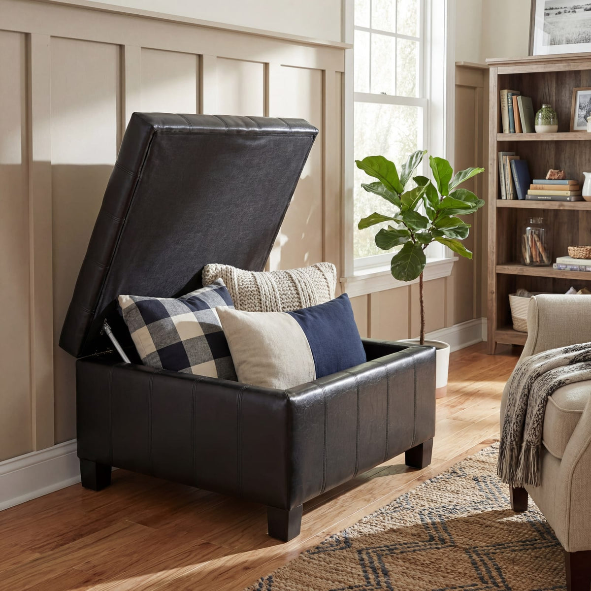 Black Storage Ottoman with Lift-Top - 30.25" Square for Living Room