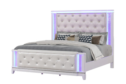 King Size White Wood Bed Frame with Tufted Headboard for Bedroom