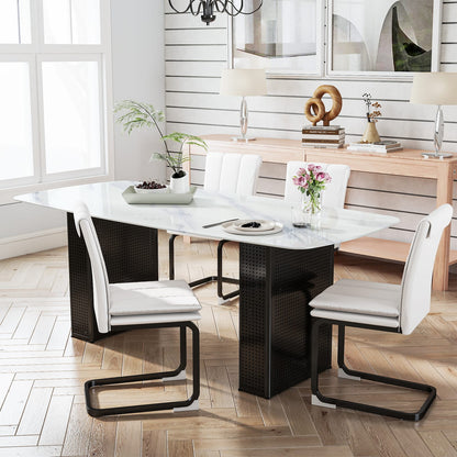 Black Tempered Glass Dining Table with Marble Pattern, Black Metal Legs