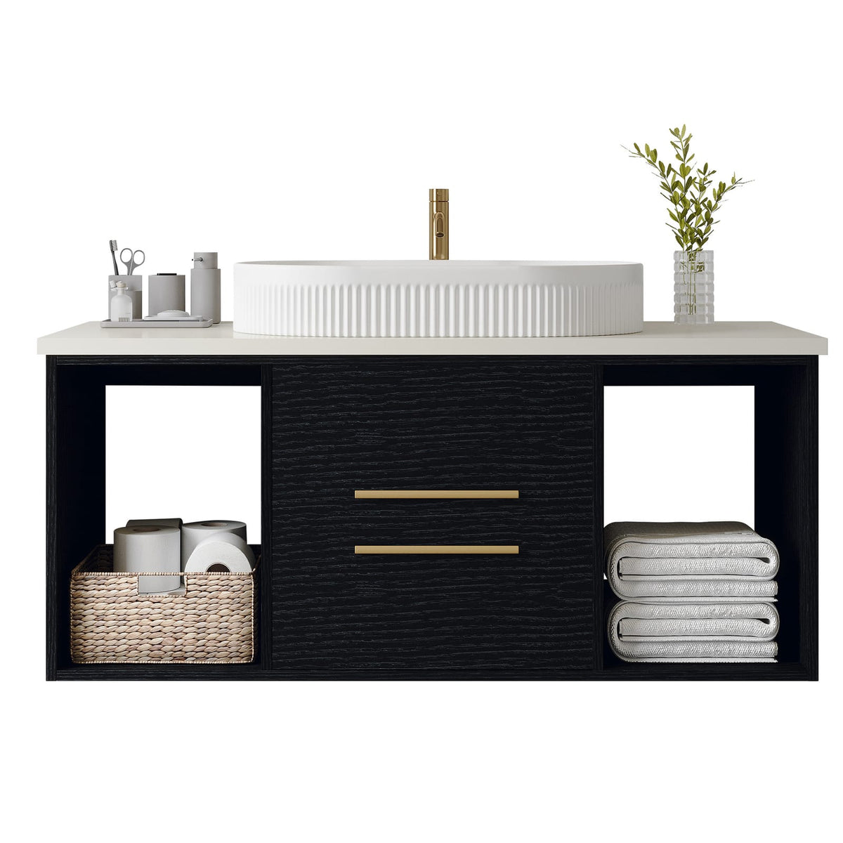 Modern Black Ceramic Bathroom Vanity - 39.4" Wall-Mounted Storage