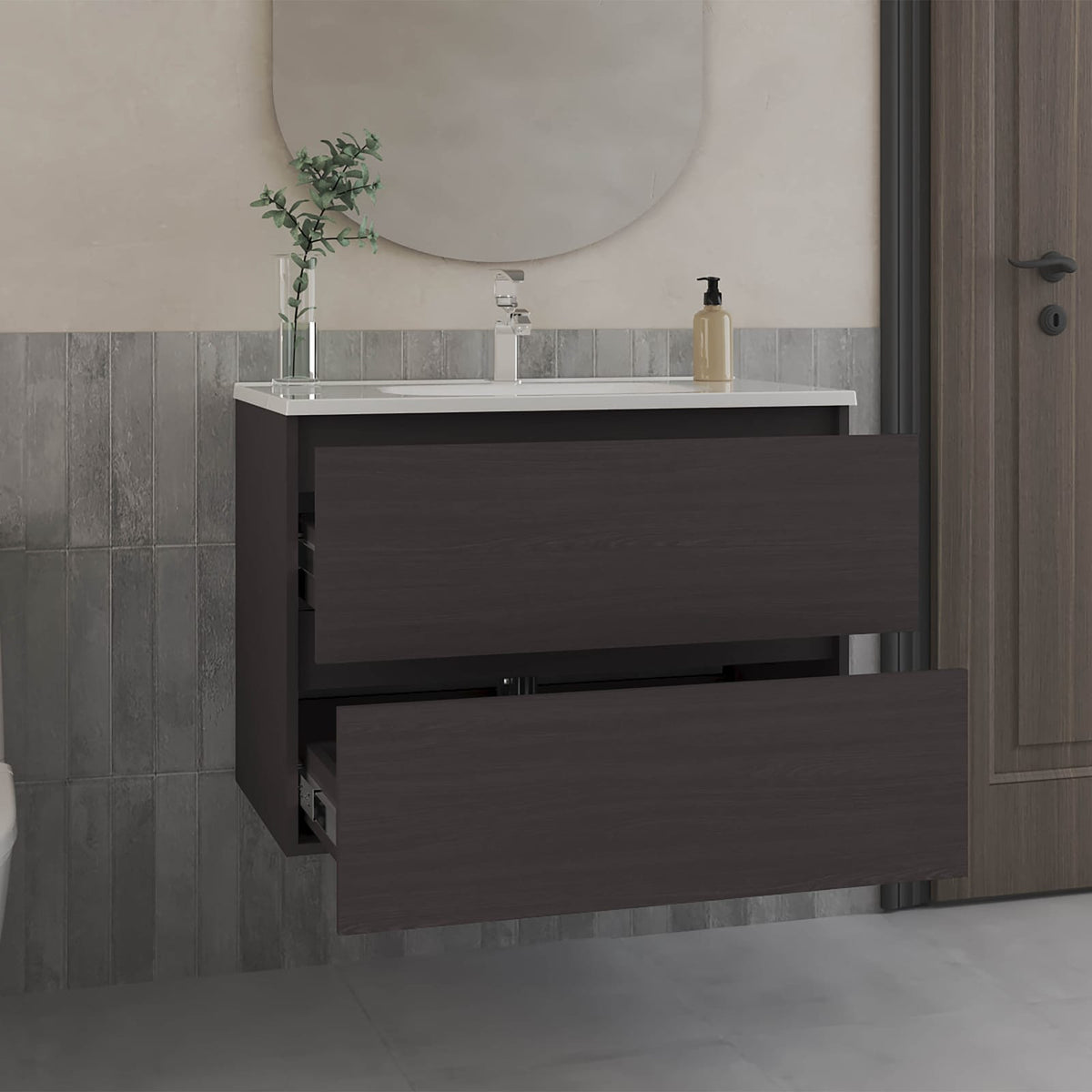 Black Bathroom Vanity with Two Shelves - MDF Storage Cabinet
