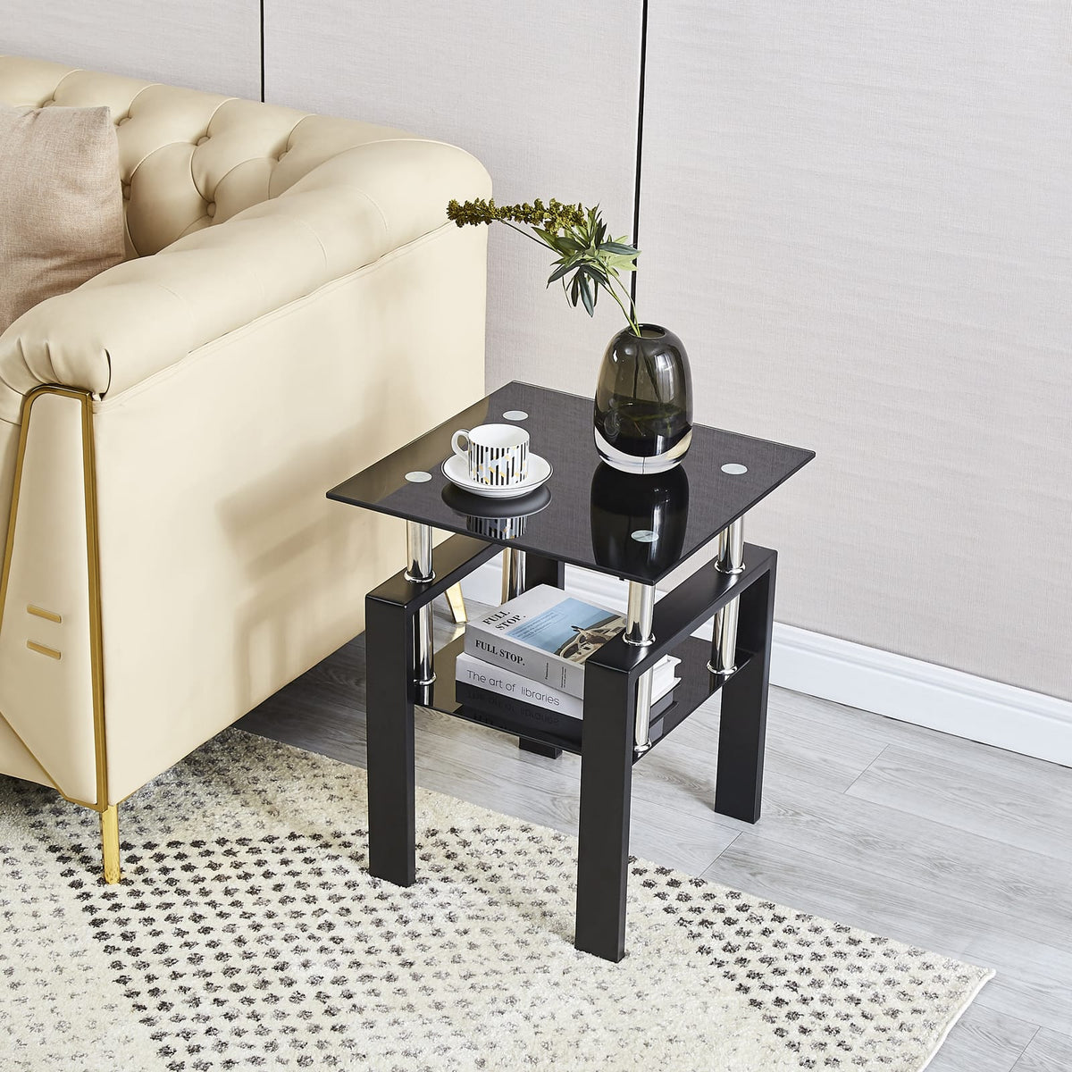 Black Glass Side Table - 17.71" Modern Coffee Table
