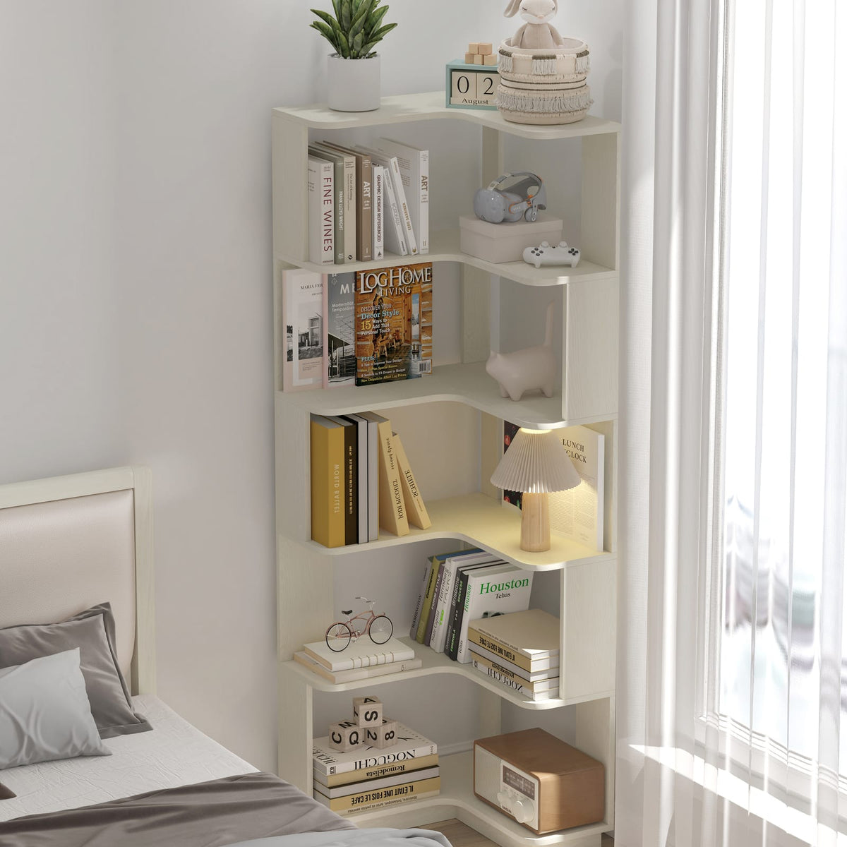 6 Tier White Oak Corner Bookshelf - Living Room Storage