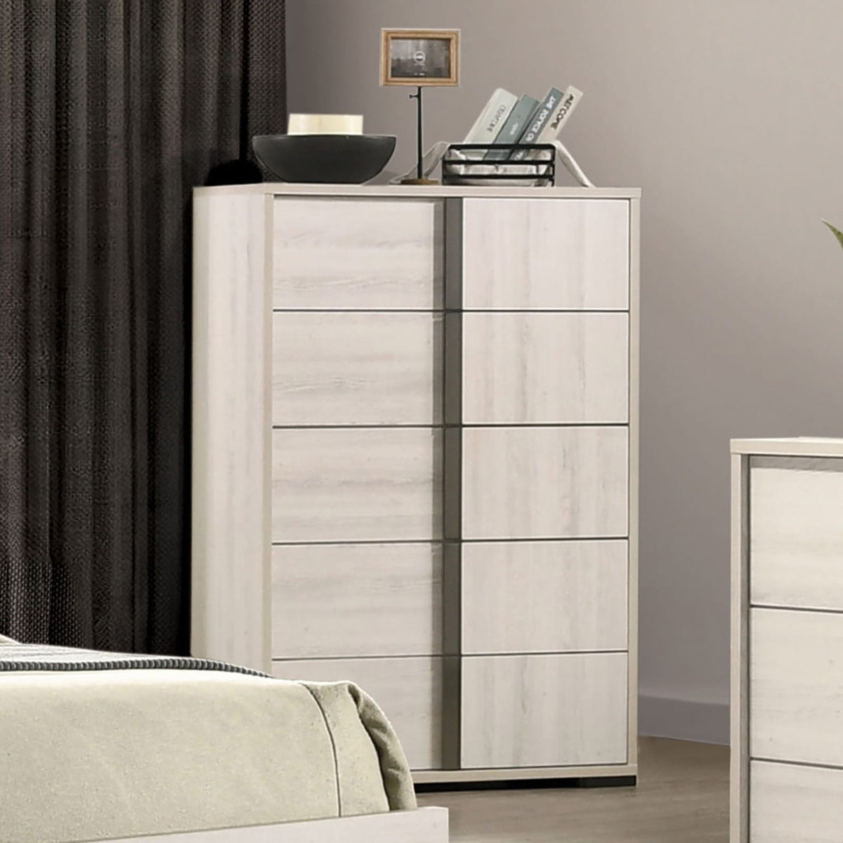 Contemporary White Washed Chest 1pc - Vertical Chrome Handles for Bedroom