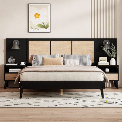Queen Size Solid Wood Bed Frame - Black with Nightstands & Lamps