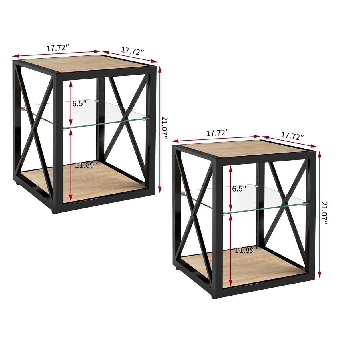 Set of 2 Modern End Tables - Glass & Wood Nightstand