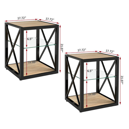 Set of 2 Modern End Tables - Glass & Wood Nightstand