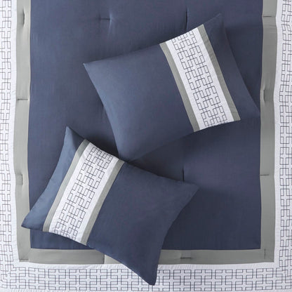 8 Piece Embroidered Navy Queen Comforter Set - Luxurious Comfort
