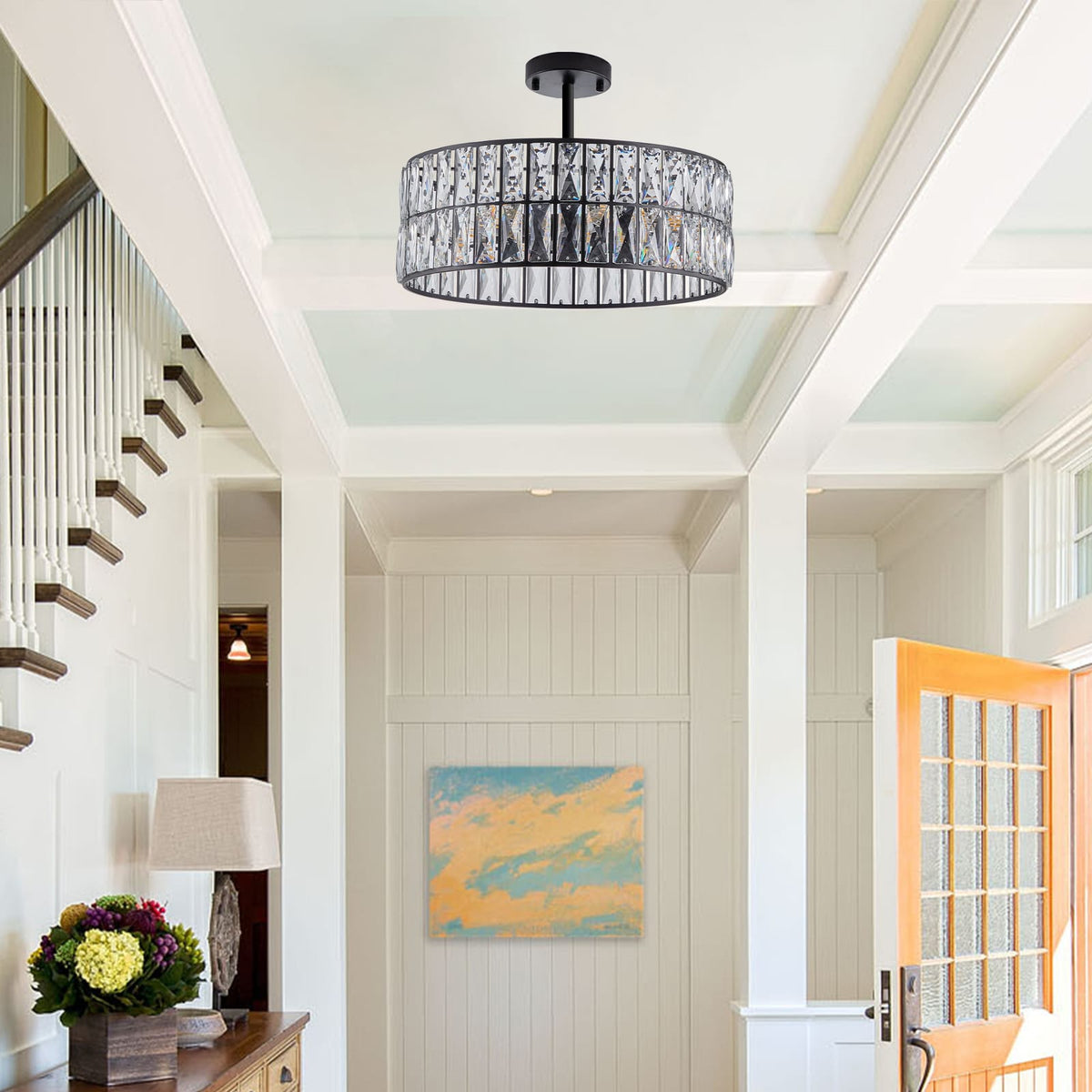 Black Modern Crystal Drum Chandelier - 6 Light Pendant Lighting Fixture