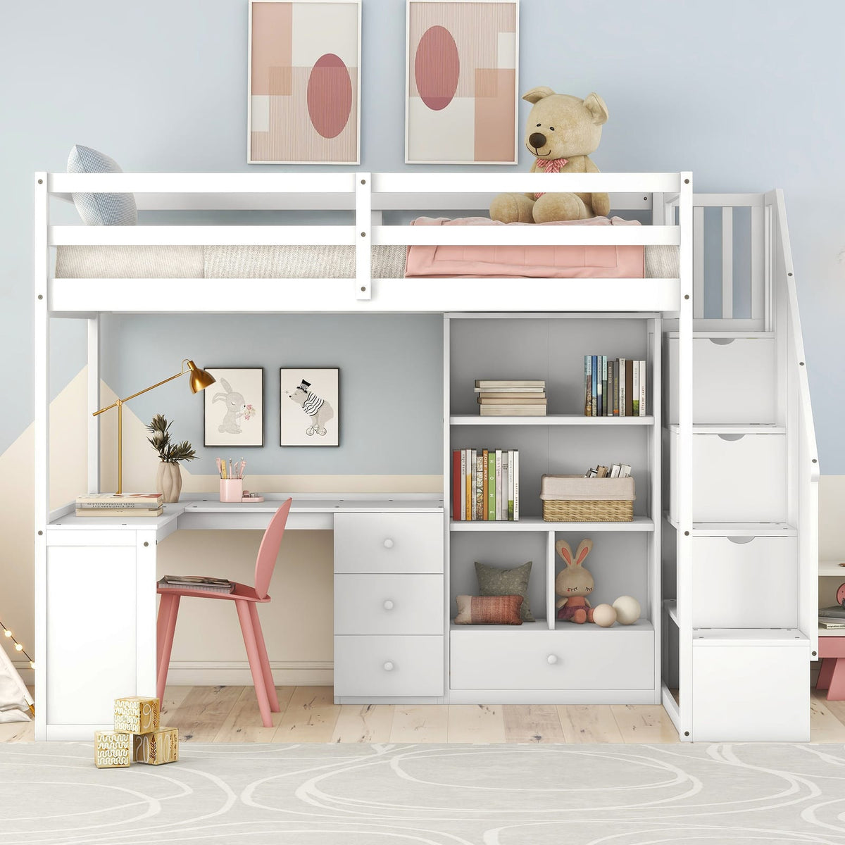 White Pine Twin Loft Bed with Storage Staircase and L-Shaped Desk for Bedroom