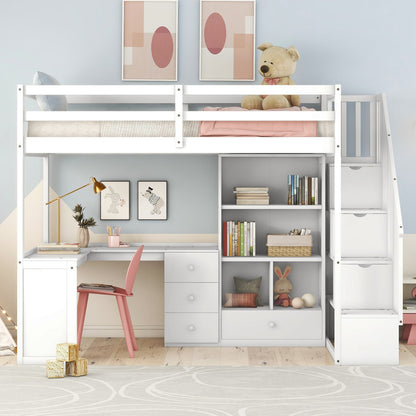 White Pine Twin Loft Bed with Storage Staircase and L-Shaped Desk for Bedroom
