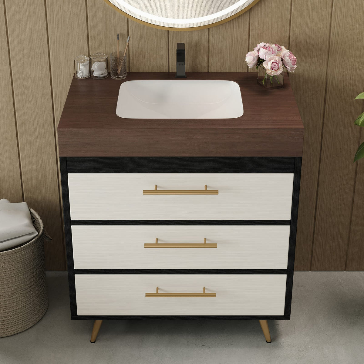 29.9 Inch Black Freestanding Bathroom Vanity with Sintered Stone Top