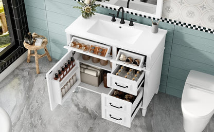 36 Inch White Solid Wood Vanity for Bathroom Renovation with Smart Storage
