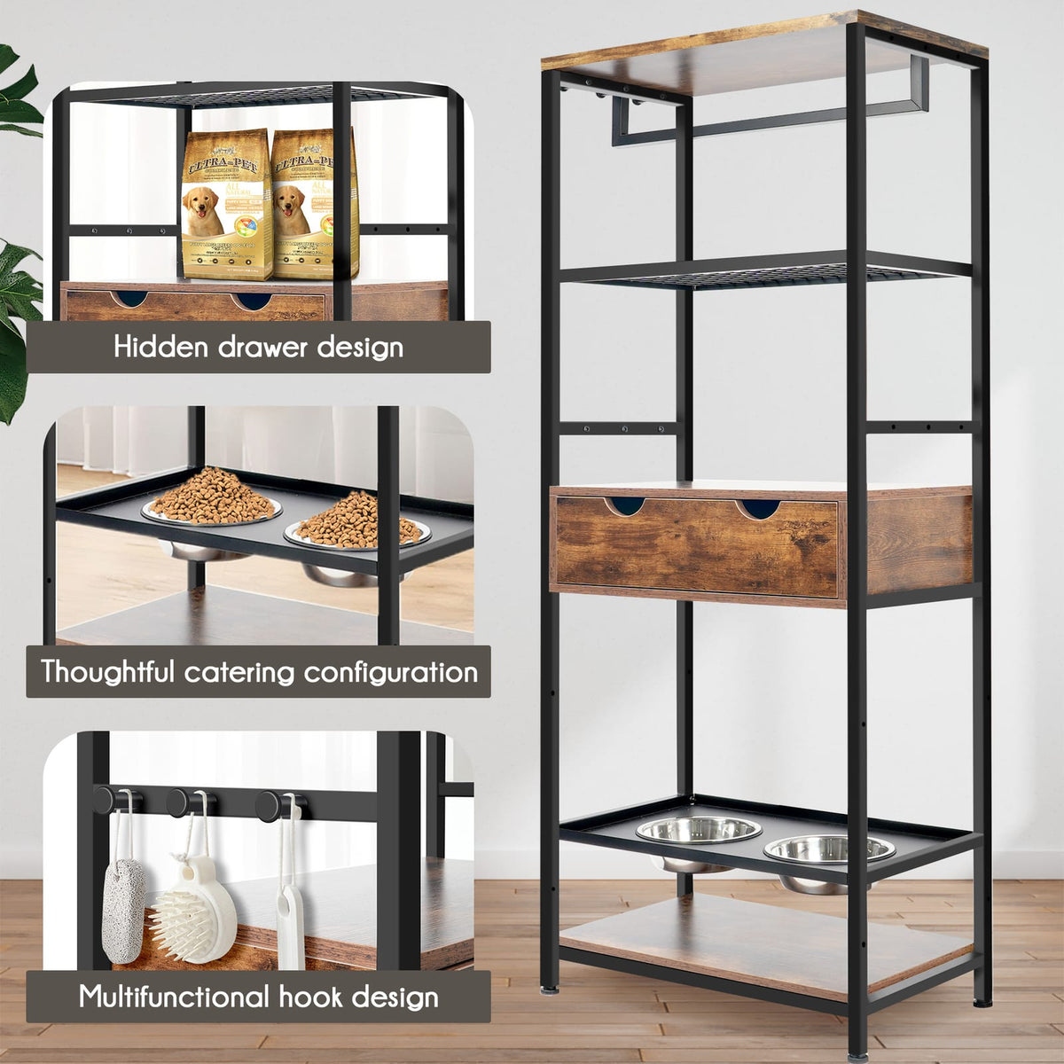 Dog Feeding Station - 3 Adjustable Bowls, Storage Shelves & Drawers