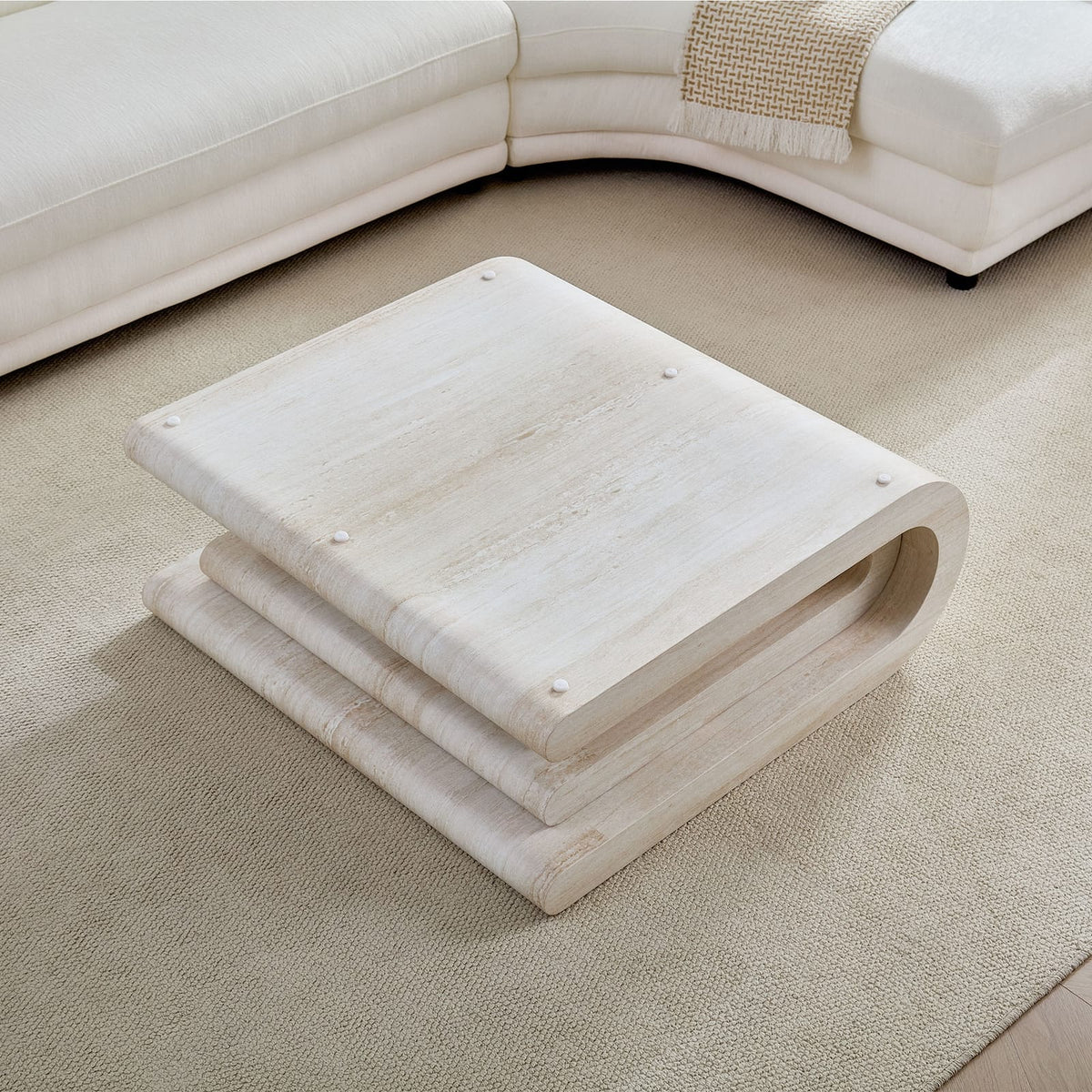 33.86 Inch Square Faux Travertine Coffee Table - Beige MDF