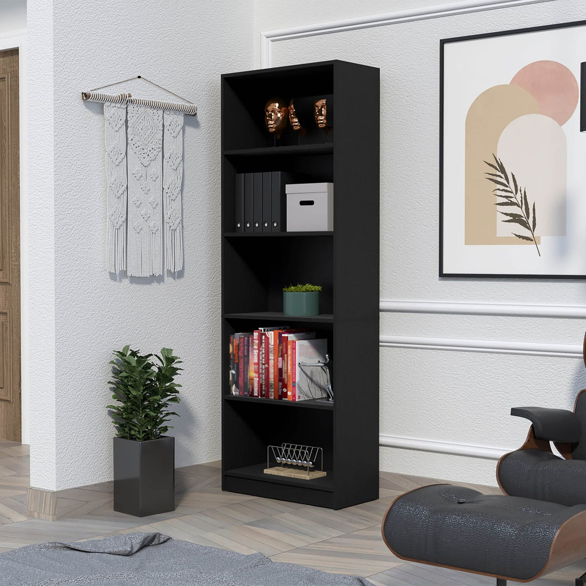 Wenge 5-Shelf Bookcase - Expansive Storage for Living Room