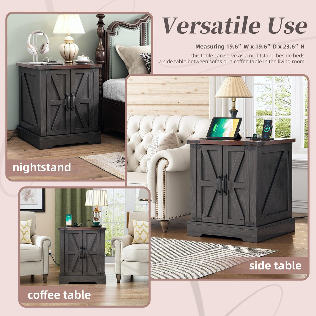 Rustic Grey End Table with Charging Station, Walnut Top, Storage for Living Room