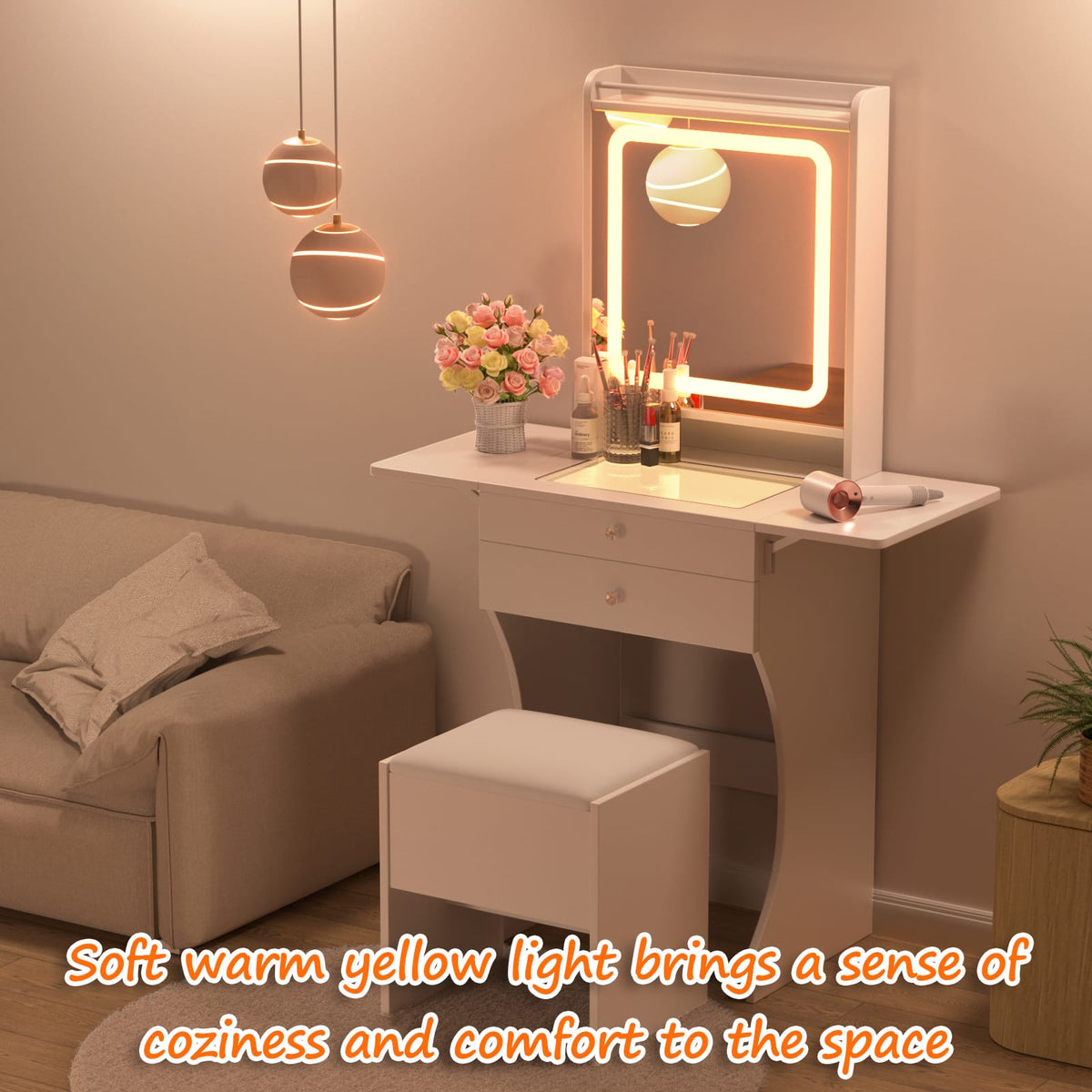 White MDF Makeup Vanity with Stool - Bedroom Storage