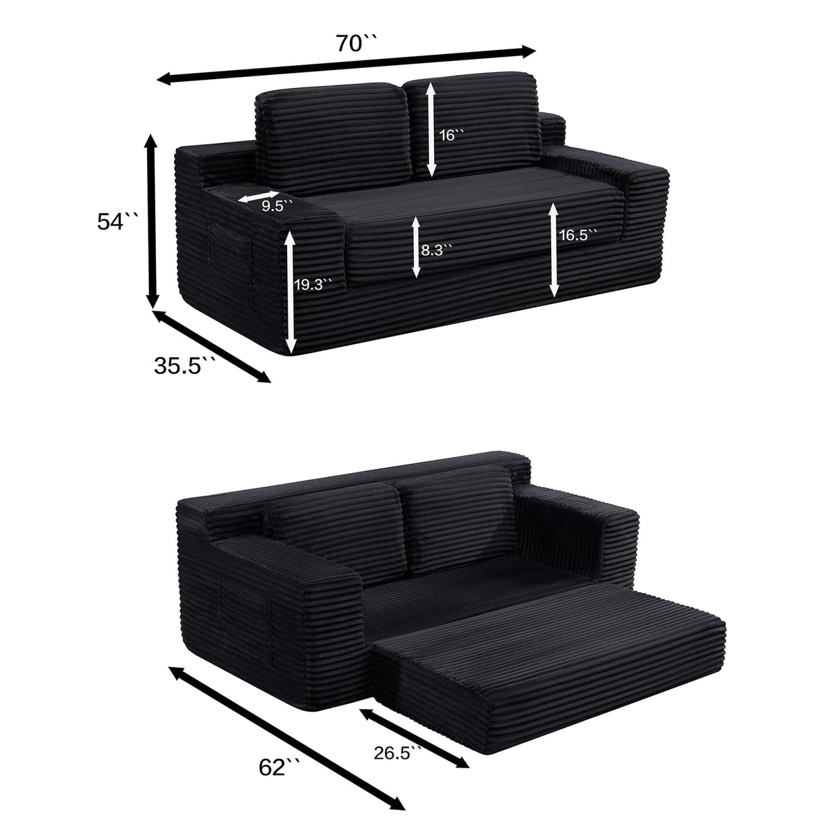Black Foam Sofa Bed - 2-in-1 Convertible Sofa for Living Room
