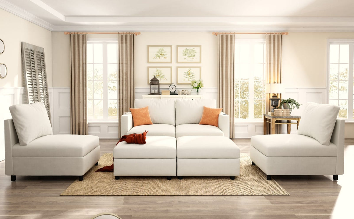 6 Seat Antique White Fabric Storage Sofa with Ottomans
