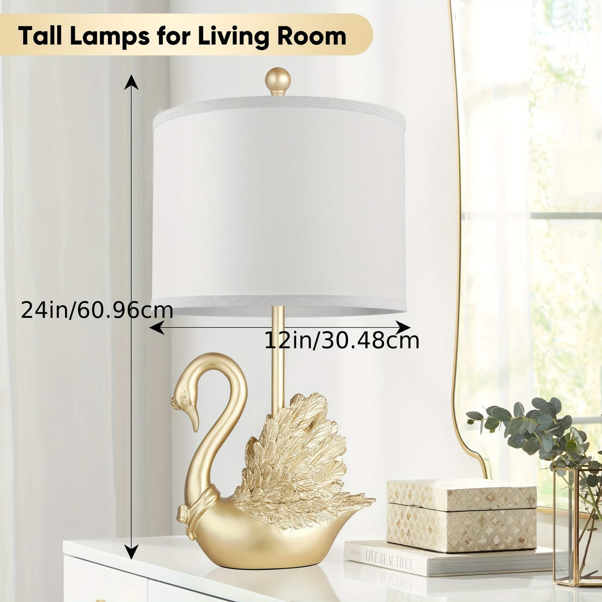 Golden Brass Swan Table Lamps - Set of Two with LED Bulbs